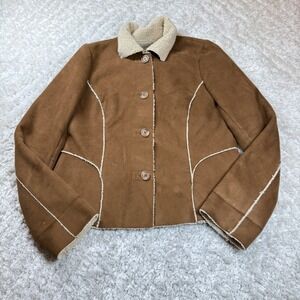 Old Navy Womens Jacket Large Brown Faux Suede Sherpa Trim Button Y2K Retro 70s